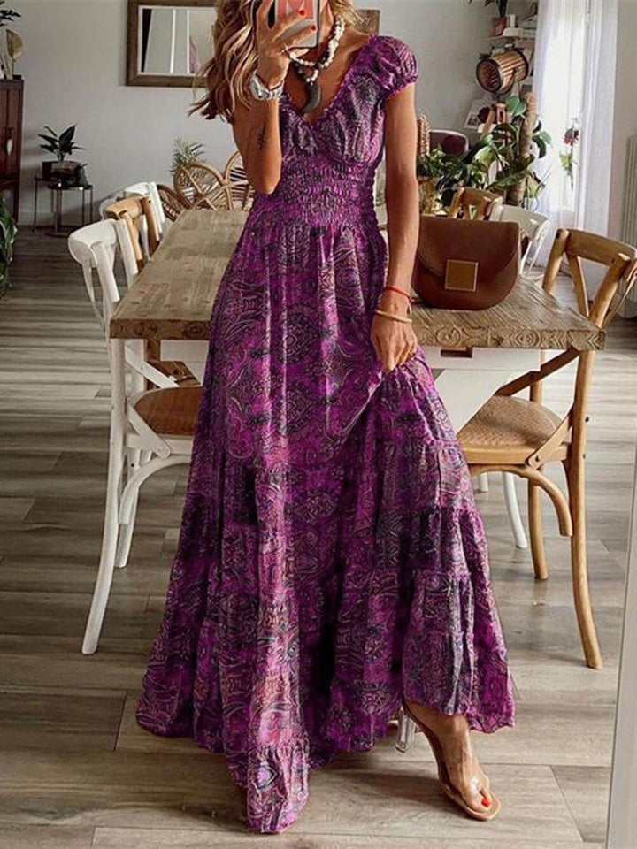 Vestido boémio de cintura subida com estampado floral