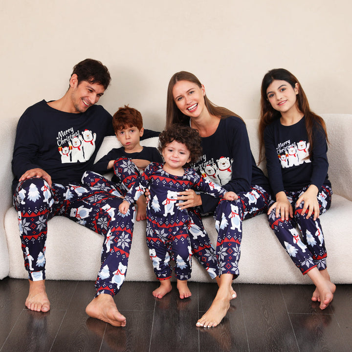 Noel Ailesi Eşleşen Pijama Takımı Lacivert Kutup Ayısı Pijama