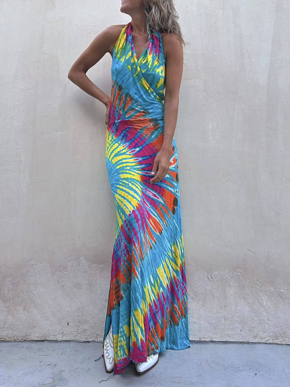 Tie-Dye print Halter rugloze stretch maxi jurk