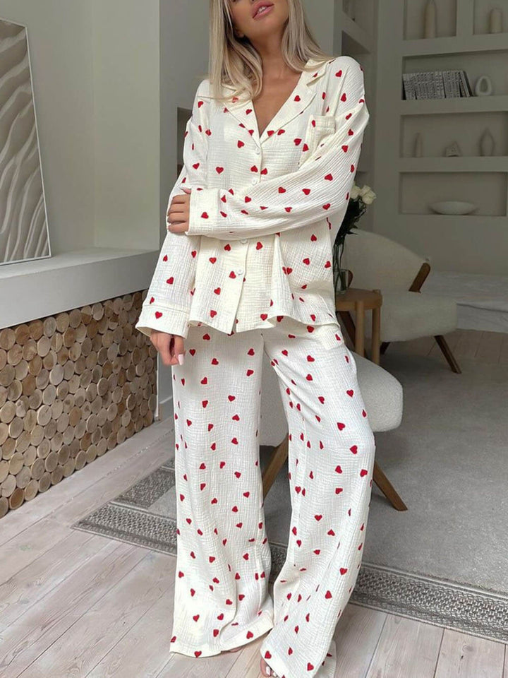 Ensembles de pyjama à chemise boutonnée avec impression de cœur mignon