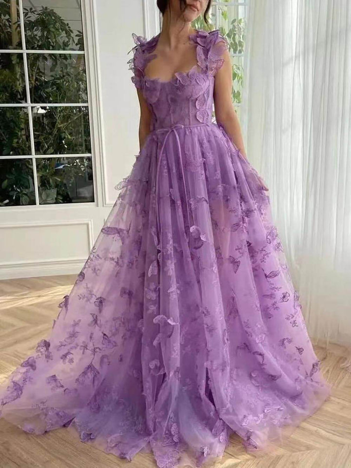 Vestido de tulipa elegante com renda de borboleta e fenda de baile Vestido de noite maxi