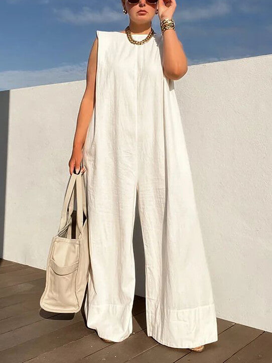 Solid Color Loose Casual fără mâneci Round Neck Wide Leg Trousers Jumpsuit