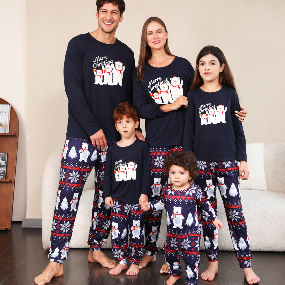 Kerstmis Familie Bijpassende Pyjama Set Navy Ijsbeer Pyjama