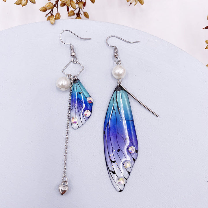 Butterfly Wing Blue Gold Foil Cicada Wing Tassel Eareringe