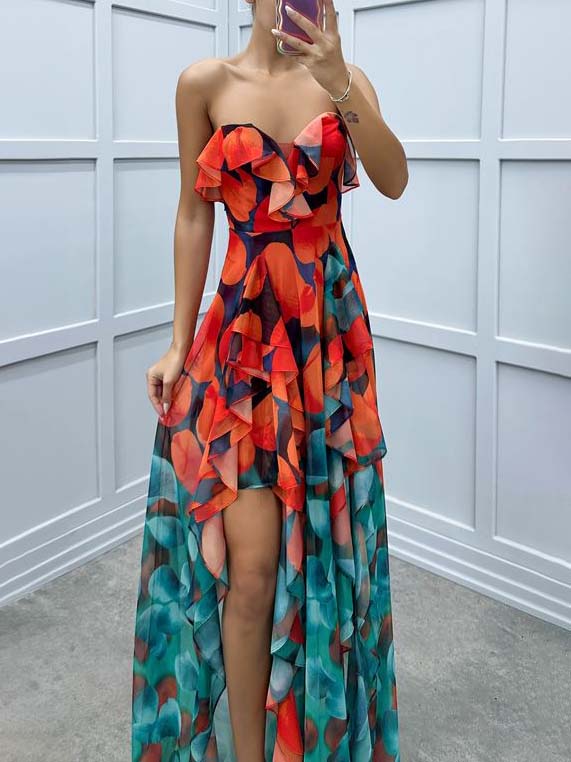 Maxi Vestido con Volantes Irregulares y Estampado Degradado