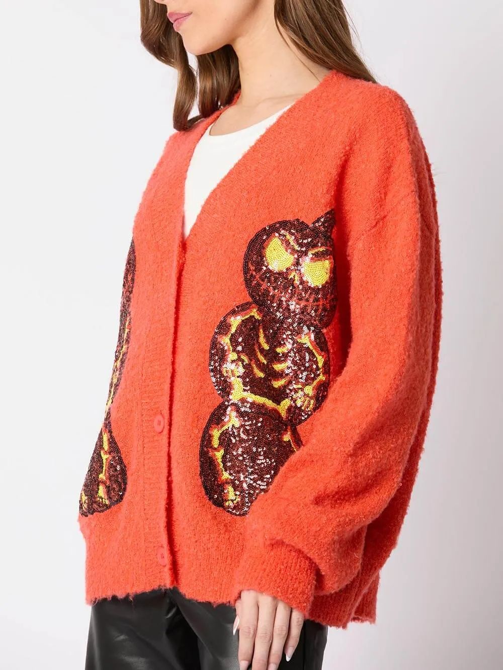 Maglione cardigan con lustrini della vigilia di Halloween, zucca e diavolo