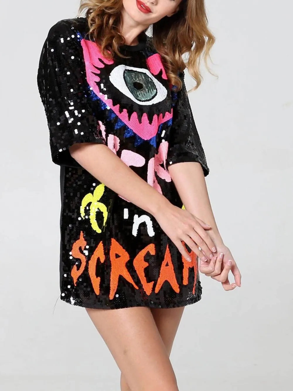 Love Heart Peach Eyes Letter Sequins Halloween Eve Lös T-shirt