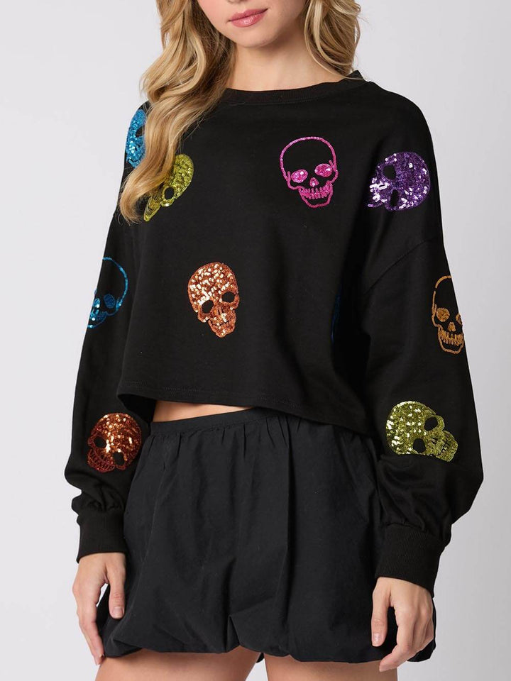 Halloween Abend Pailletten Totenkopf Crop Top