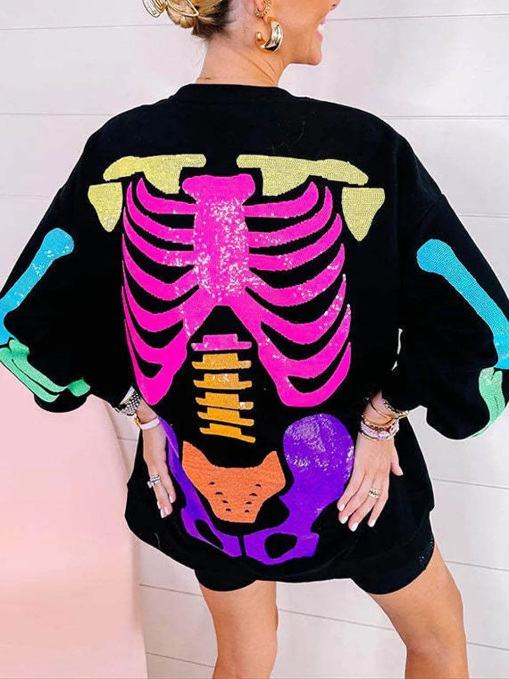 Kaus Pullover Motif Tengkorak Pelangi Halloween