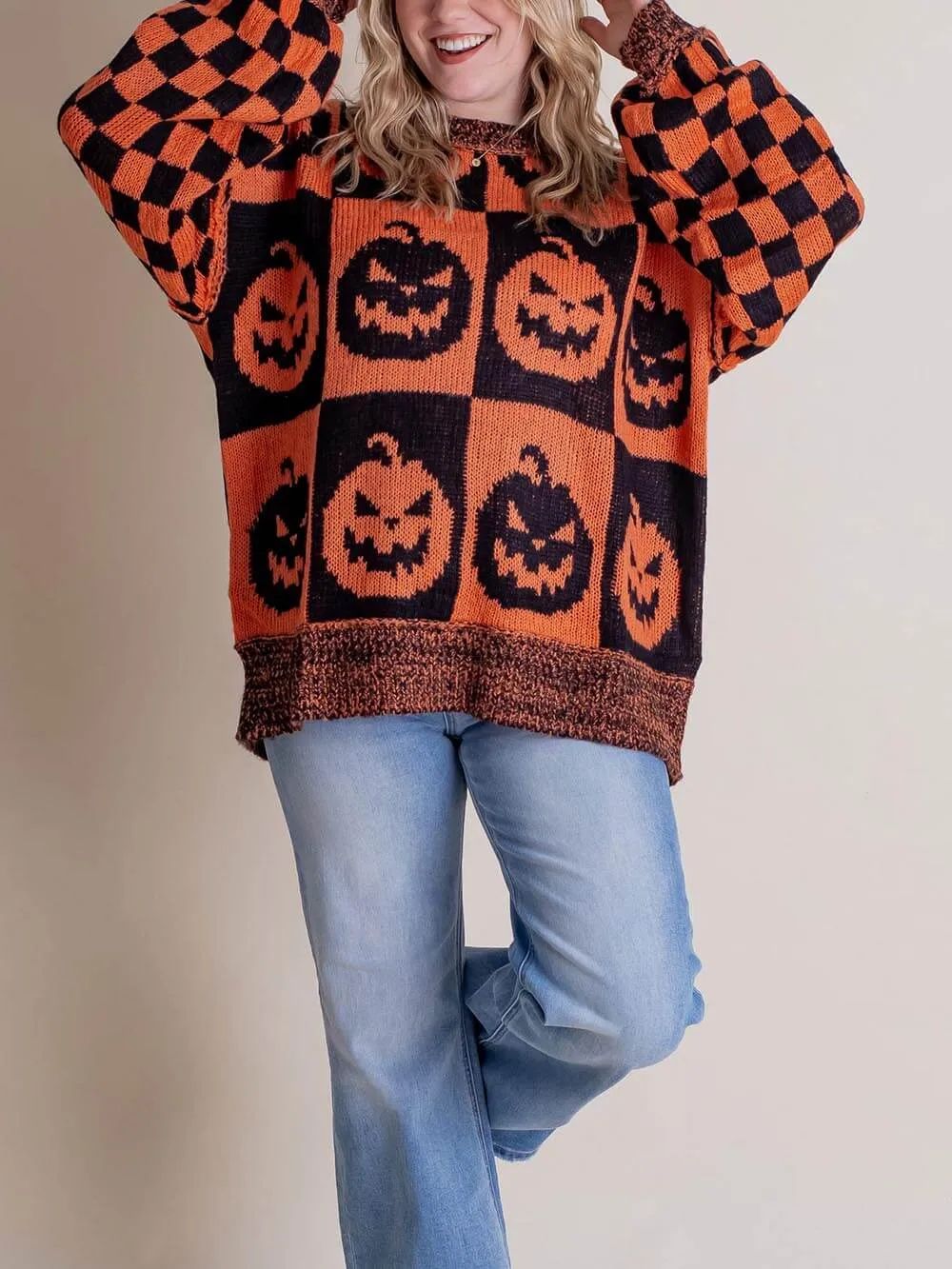 Halloween Jack-O-Lantern Plaid Sweater