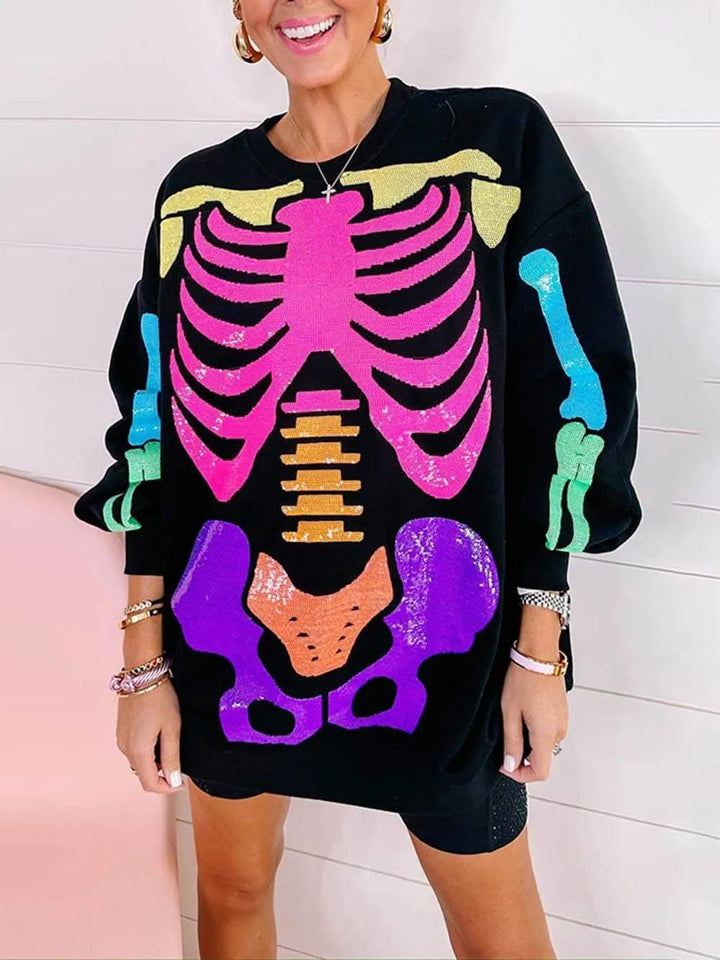 Rainbow Halloween Skull Print Pullover Sweatshirt