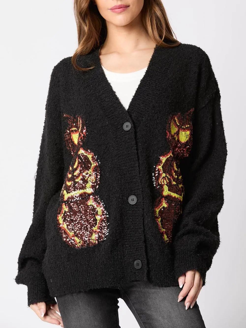 Maglione cardigan con lustrini della vigilia di Halloween, zucca e diavolo