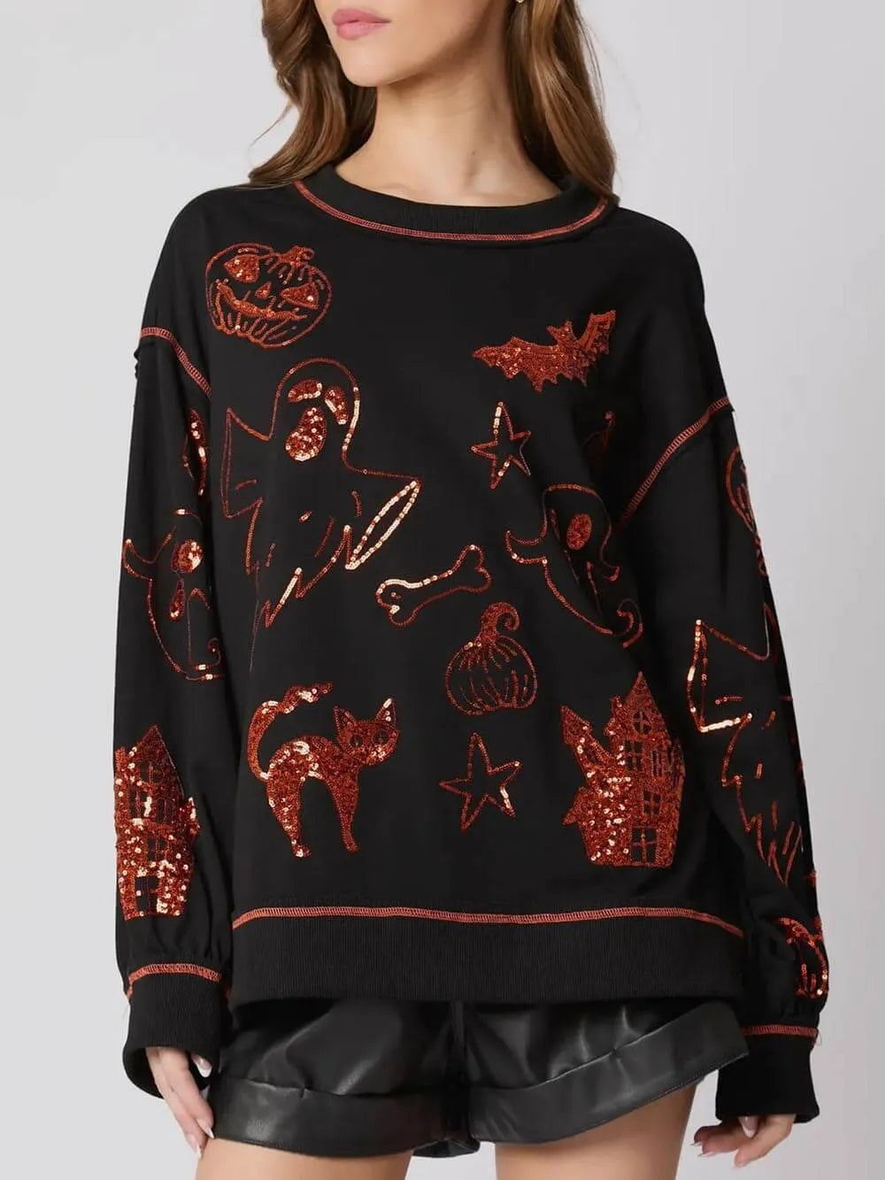 Sweatshirt casual solta com lantejoulas de Halloween Graffiti