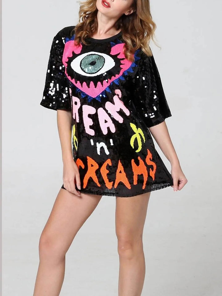 Love Heart Peach Eyes Letter Sequins Halloween Eve Loose T-Shirt