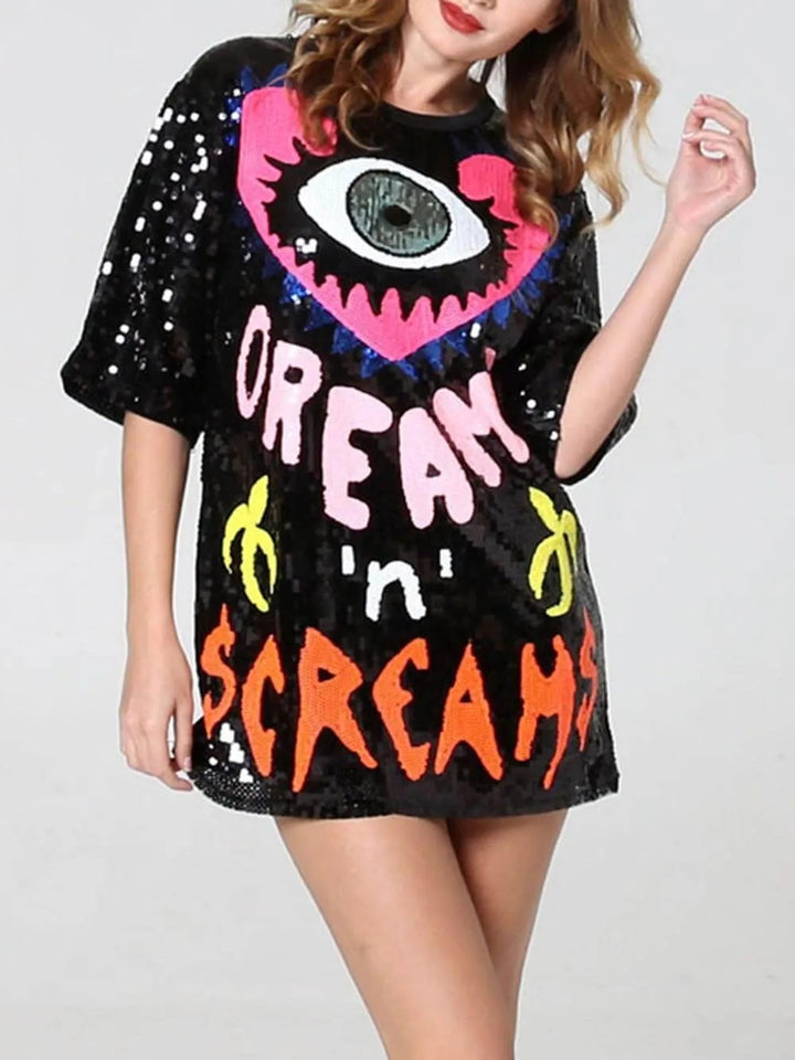 Love Heart Peach Eyes Letter Sequins Halloween Eve Lös T-shirt