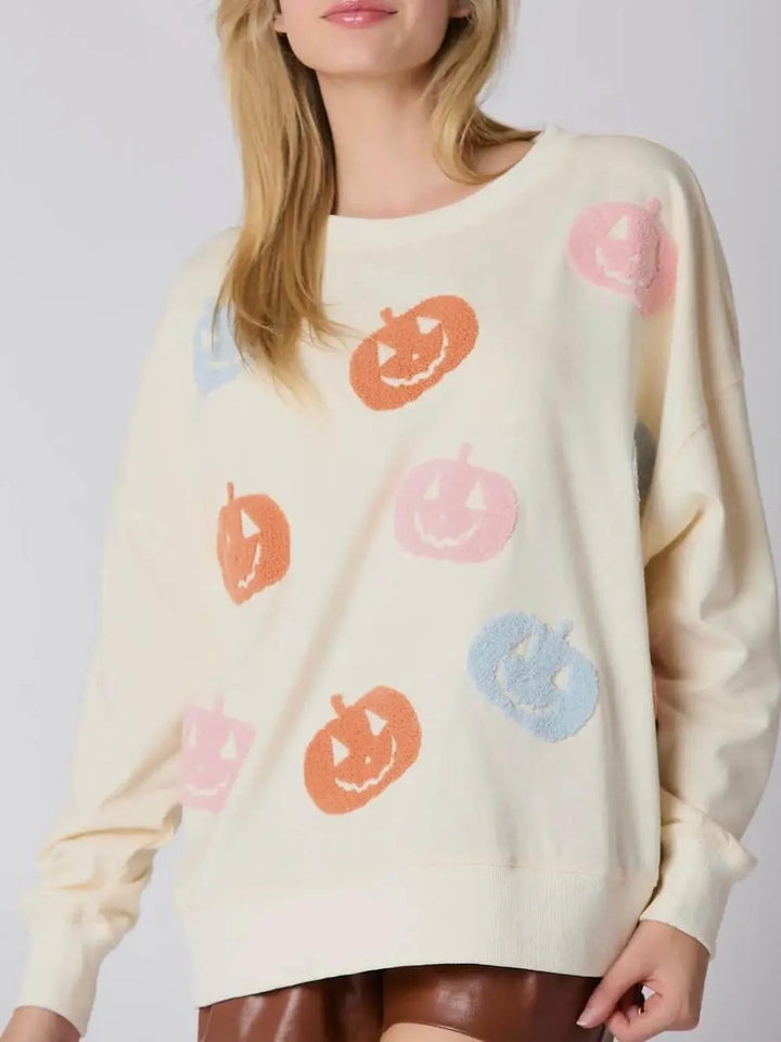 Halloween Kleurrijke Geborduurde Pompoen Los Sweatshirt