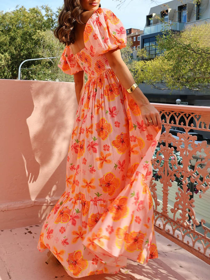 Robe longue à manches bouffantes et poche smockée dans le dos, imprimé floral