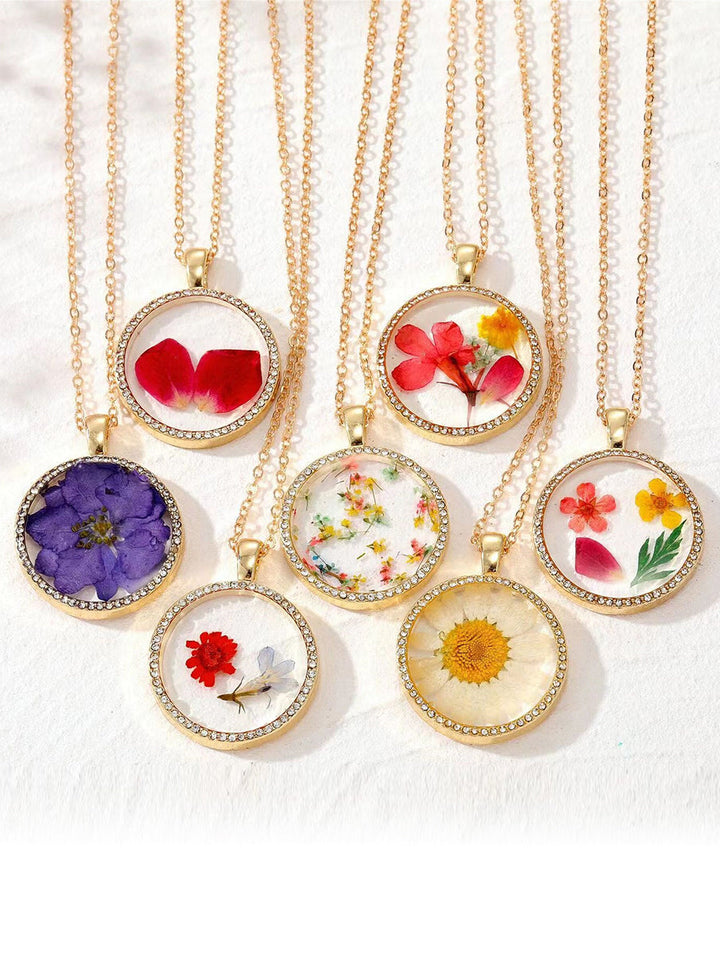 Birth Month Flower Resin Round Crystal Pendant Necklace