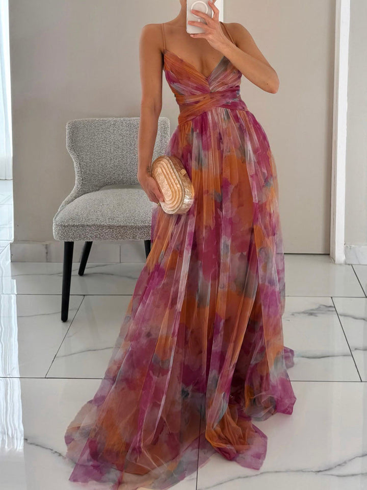 Maxi abito elegante con stampa floreale dipinta, scollo a V e linea A