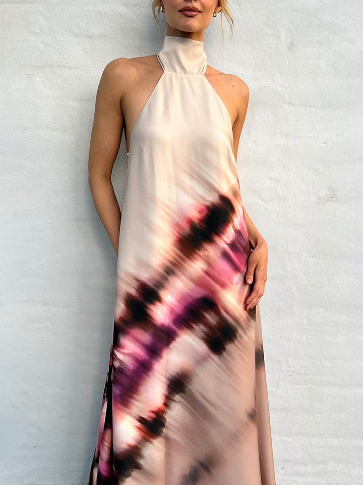 Unieke Tie-Dye bedrukte Halterneck Lace Up rugloze Maxi Dress