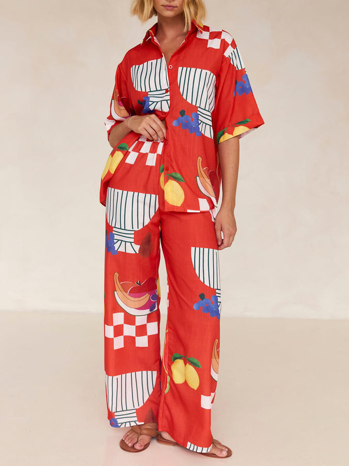 Traje de fiesta con estampado de frutas único Camisa suelta Pantalón de pata ancha