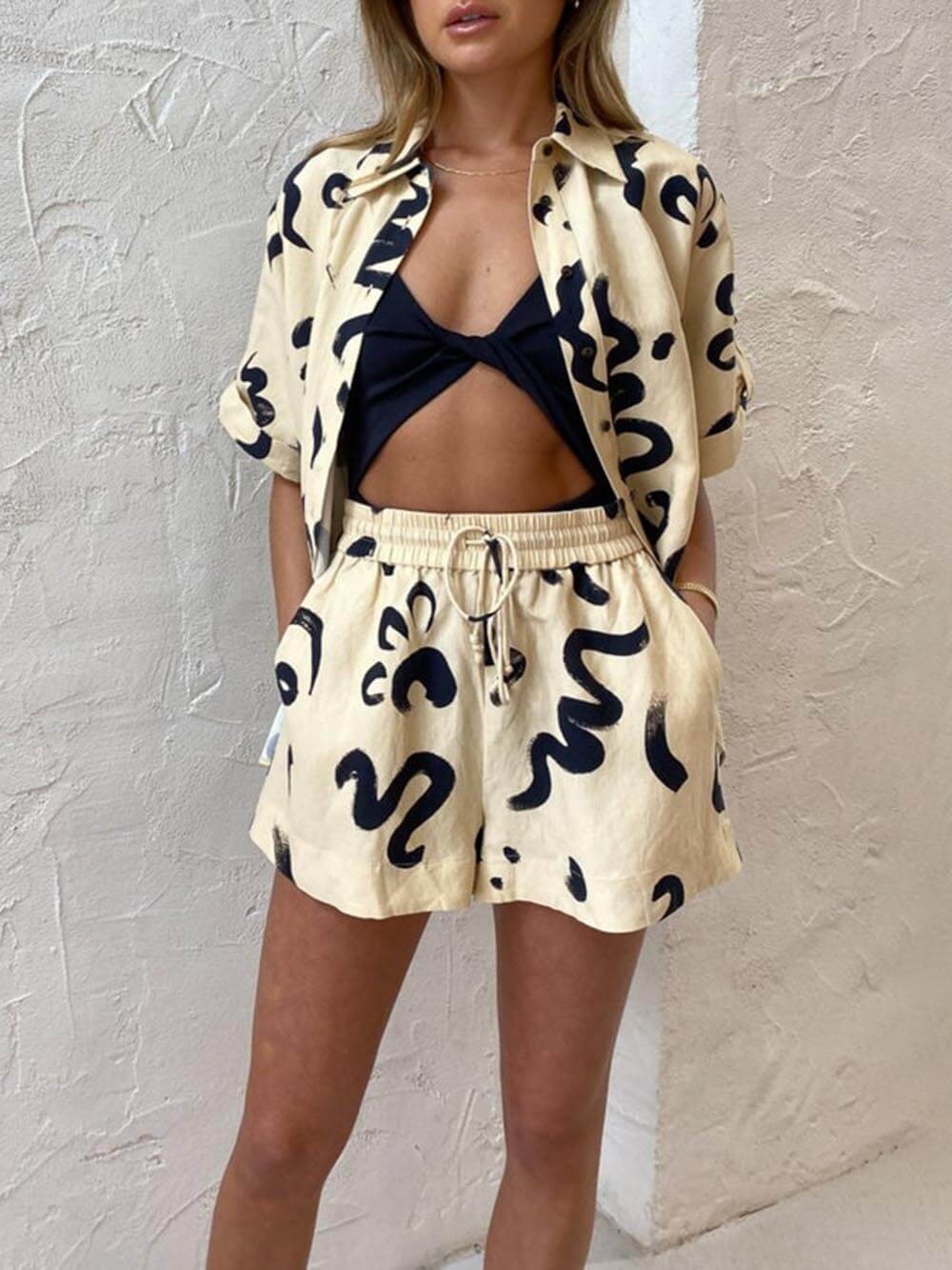 Unique Warm Sun Print Loose Shirt Shorts Set