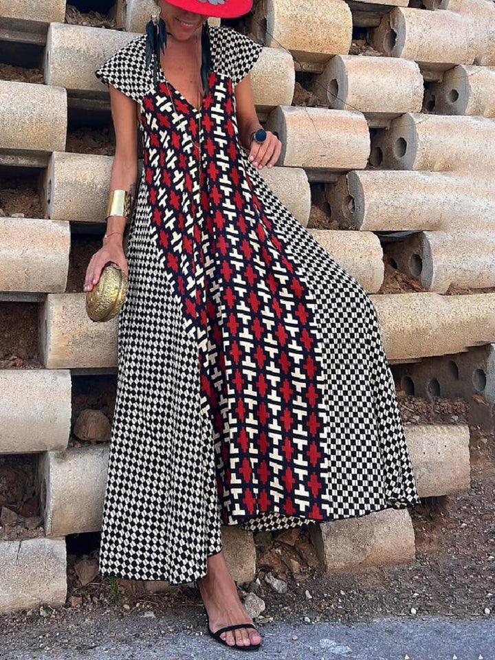 Ethnic Μοναδική εκτύπωση Ruffle μανίκι A-line Maxi φόρεμα