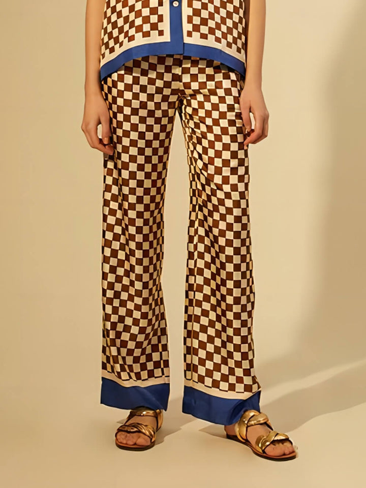 Unieke Checkerboard Print Blauwe Streep Splicing Los Elastische Broek