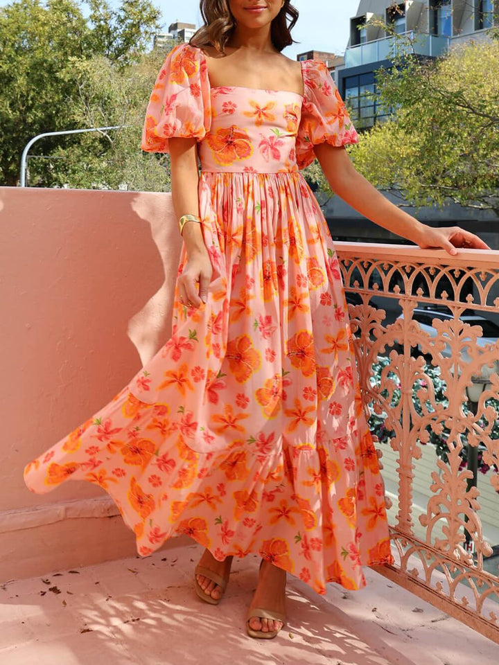 Robe longue à manches bouffantes et poche smockée dans le dos, imprimé floral