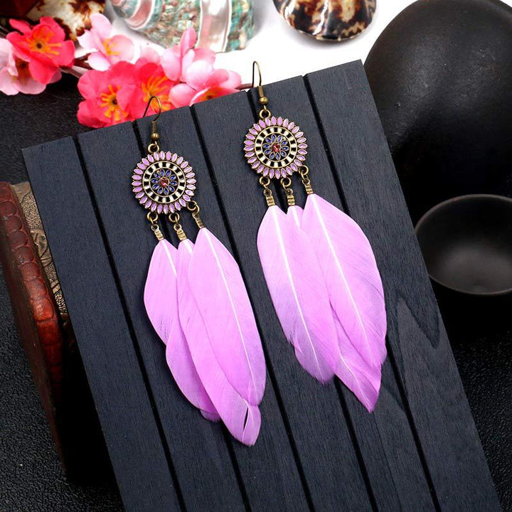 Vintage Sunflower Feather Tassel Earrings: Stylish Dangle Earrings for Women's Vacation and Daily Wear