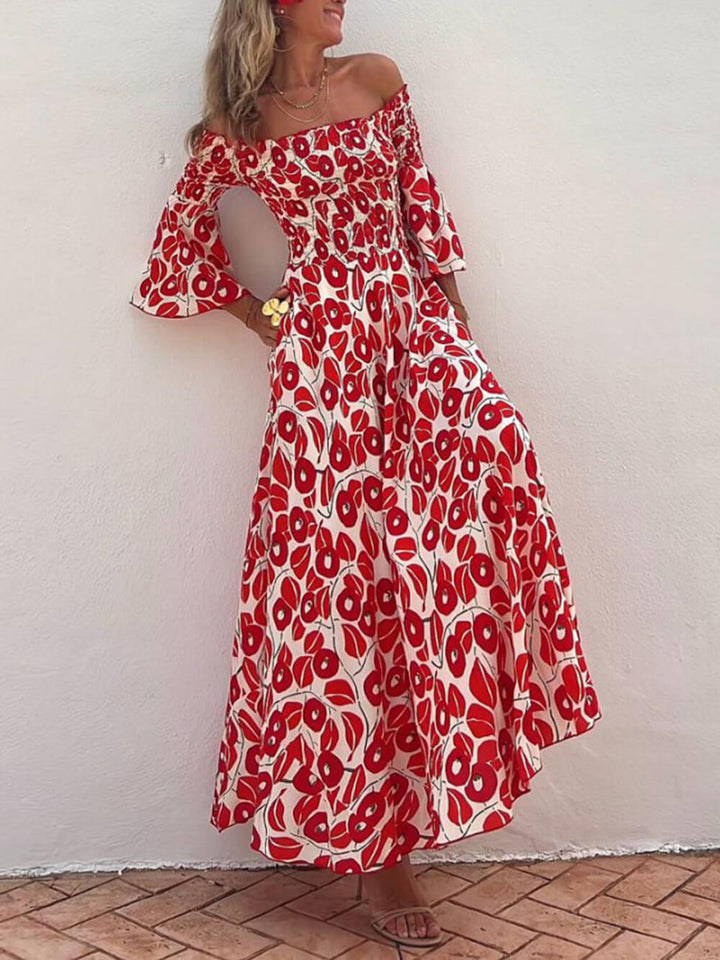 Robe longue asymétrique à poches, imprimé floral et smocké