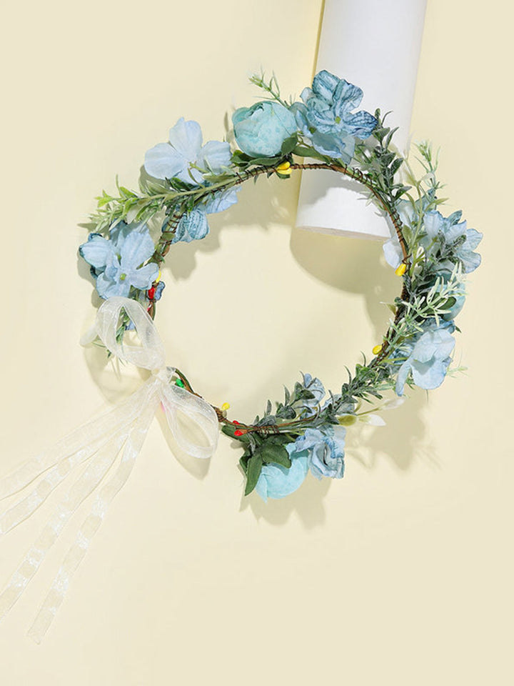 Boho Flower Crown Headpiece Hårkrans med Ribbon Festival Blue