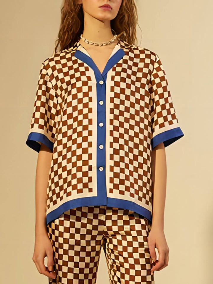 Unieke Checkerboard Print Blauwe Streep Patchwork Losse Top