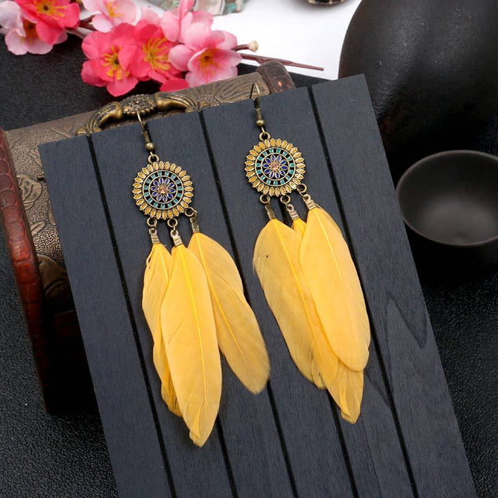 Pendientes vintage de borla de plumas de girasol: Elegantes pendientes colgantes para las vacaciones y el día a día de las mujeres