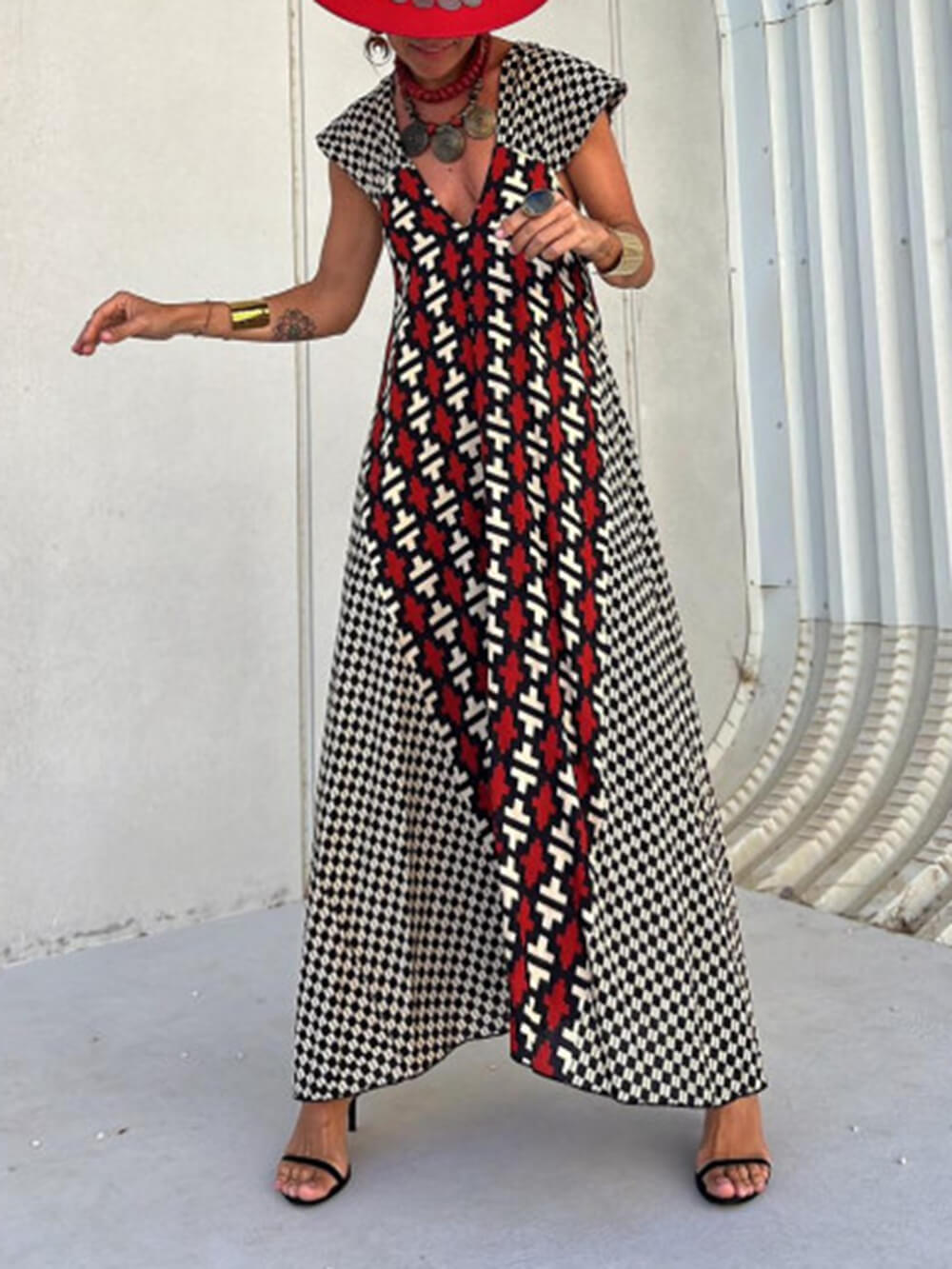 Ethnic Μοναδική εκτύπωση Ruffle μανίκι A-line Maxi φόρεμα