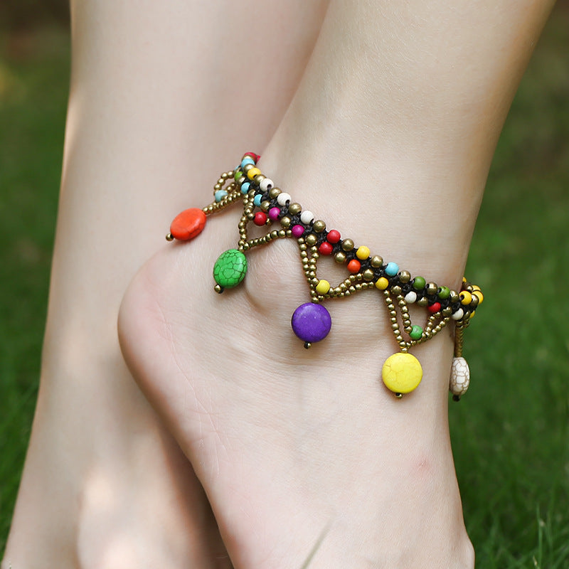 Bohemsk turkis Disc Anklet Beach Beaded