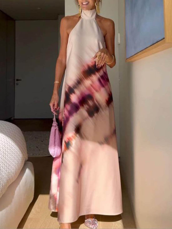 Unieke Tie-Dye bedrukte Halterneck Lace Up rugloze Maxi Dress