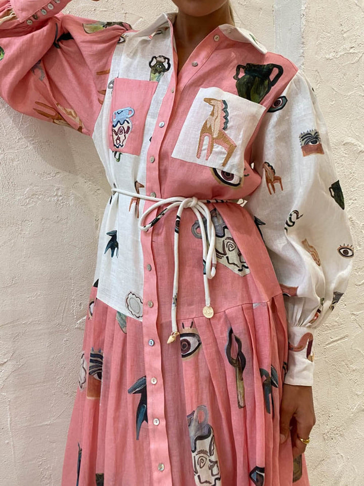 Unique Print Balloon Sleeve Pocket Belt Shirt Midi Dress