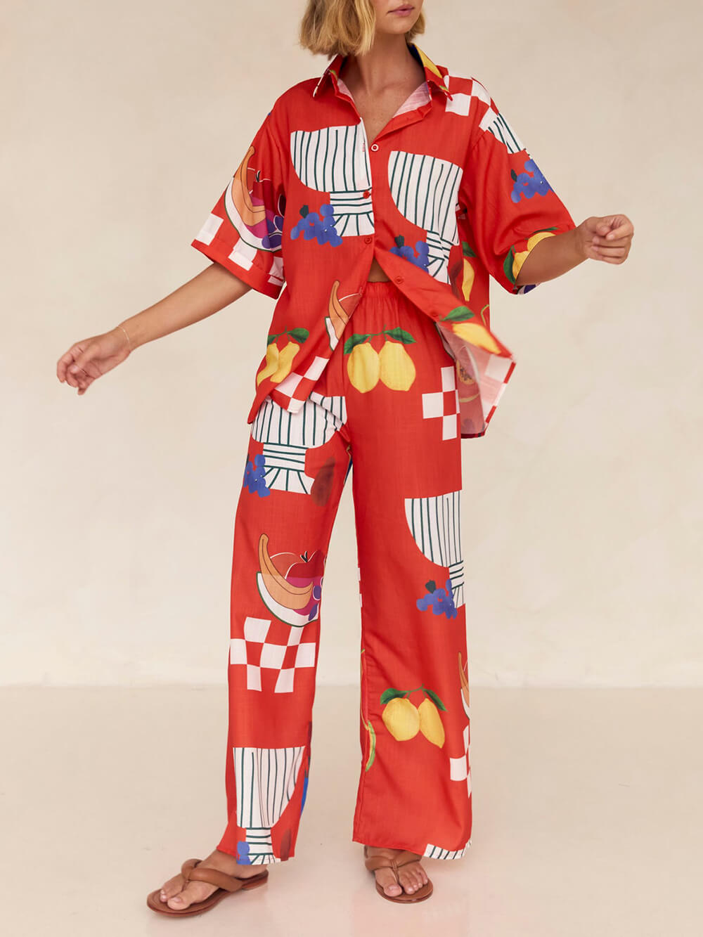 Traje de fiesta con estampado de frutas único Camisa suelta Pantalón de pata ancha