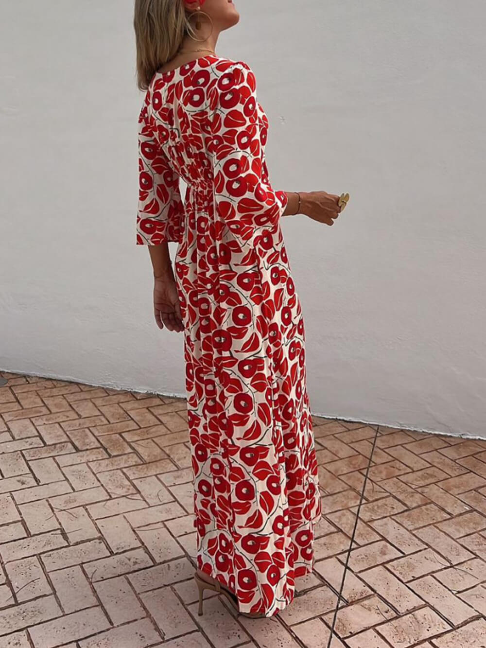 Vacanță Floral Print Smocked Off Shoulder Pocketed Maxi Dress