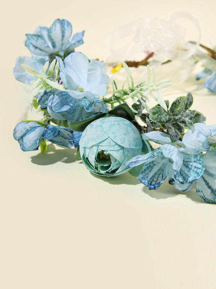 Boho Flower Crown Headpiece Hårkrans med Ribbon Festival Blue