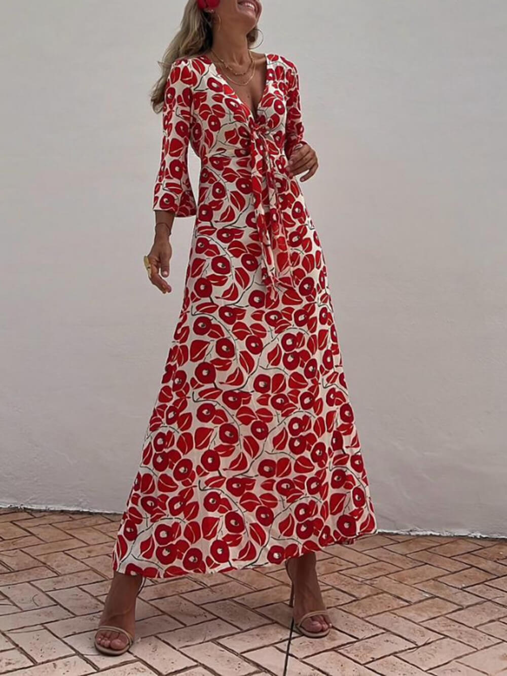 Vacanță Floral Print Smocked Off Shoulder Pocketed Maxi Dress