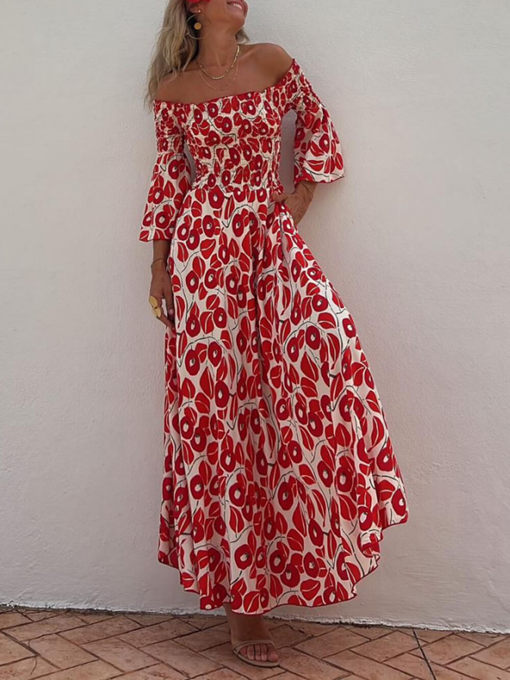 Floral Print Smocked Off Shoulder Pocketed Maxi Dress