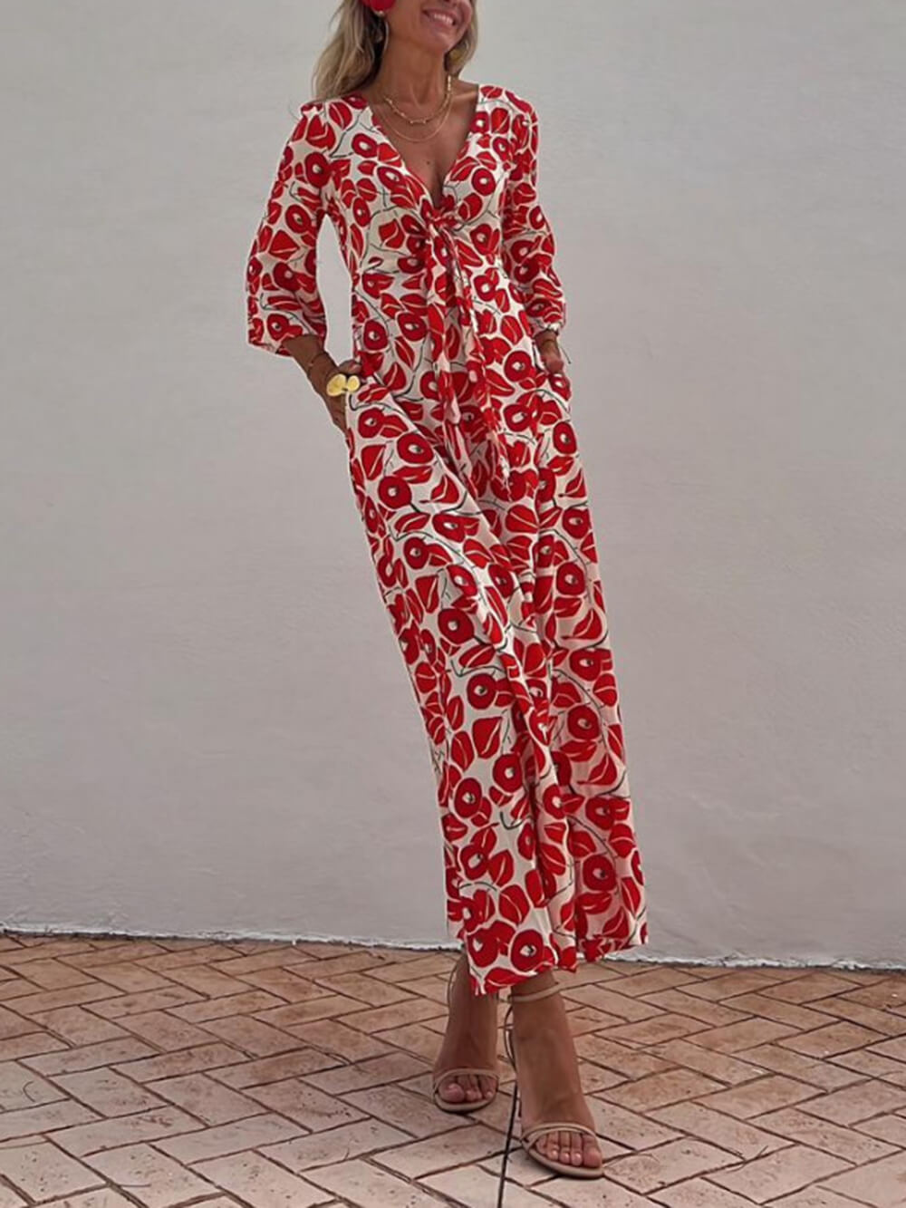 Vacanță Floral Print Smocked Off Shoulder Pocketed Maxi Dress