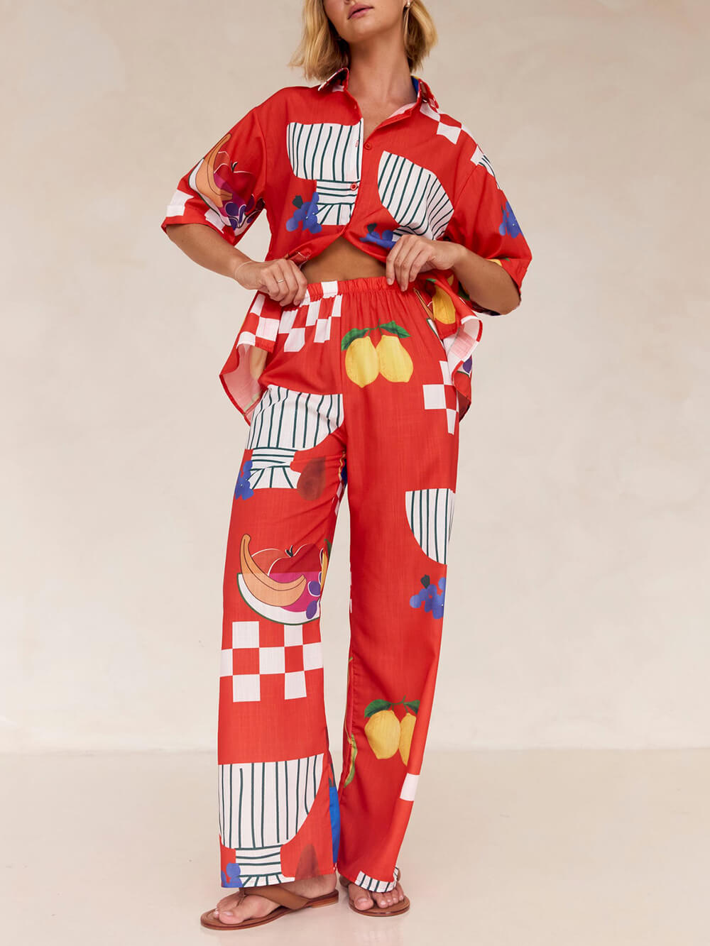 Traje de fiesta con estampado de frutas único Camisa suelta Pantalón de pata ancha