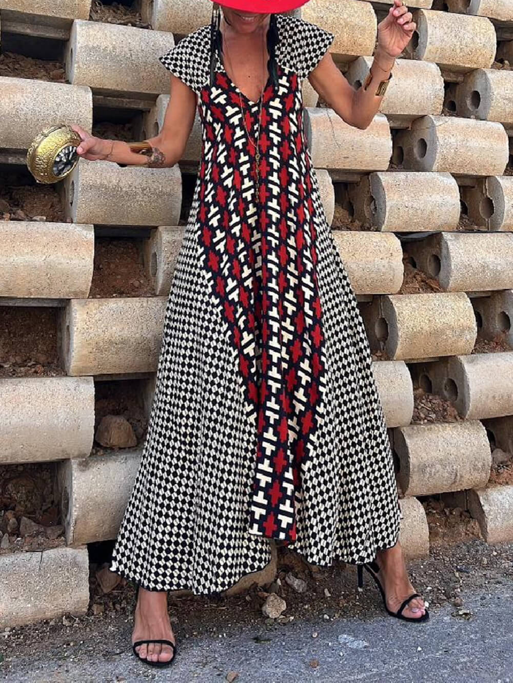 Ethnic Μοναδική εκτύπωση Ruffle μανίκι A-line Maxi φόρεμα