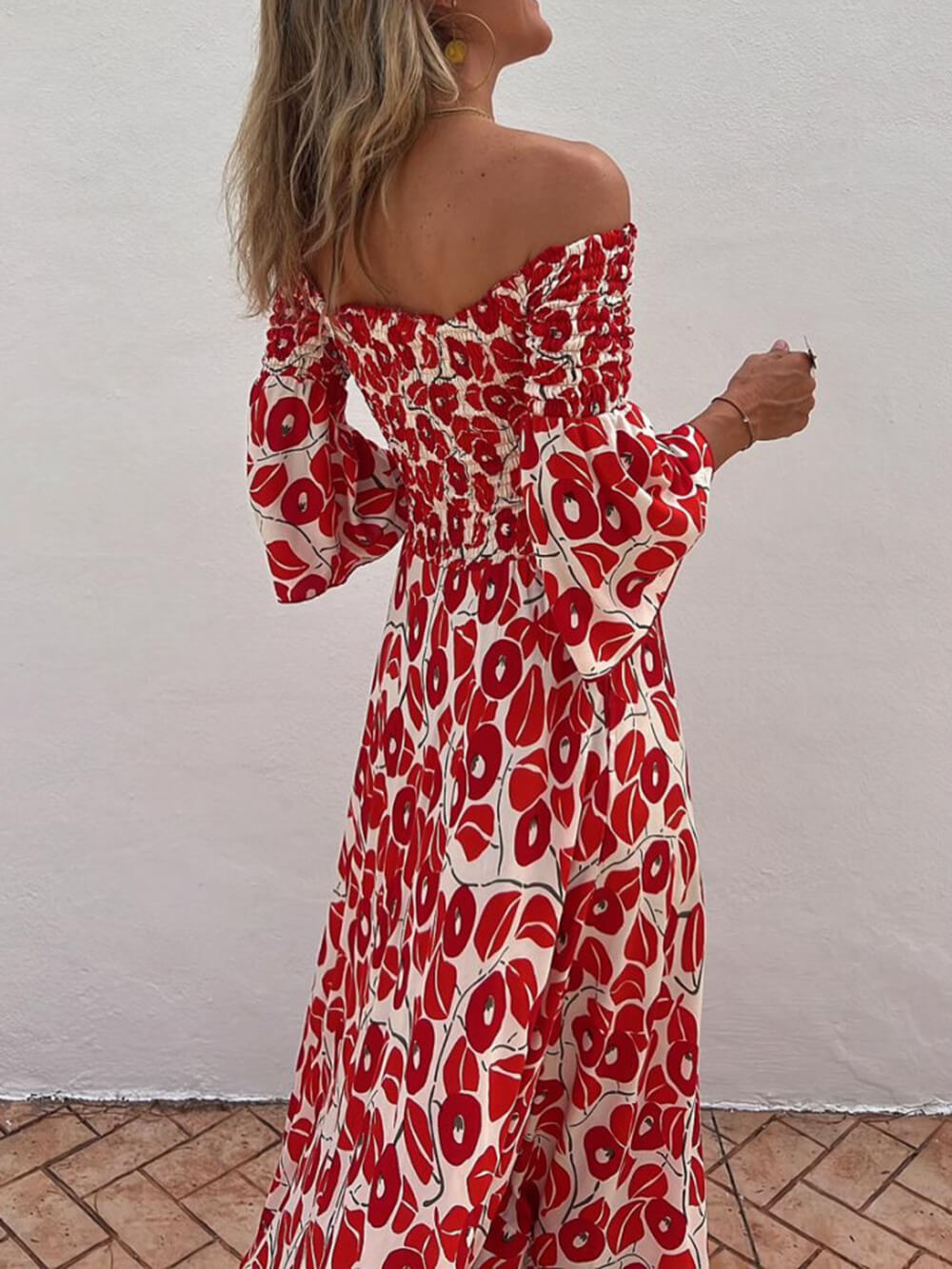 Kwiatowy nadruk Smocked Off Shoulder Pocketed Maxi Dress