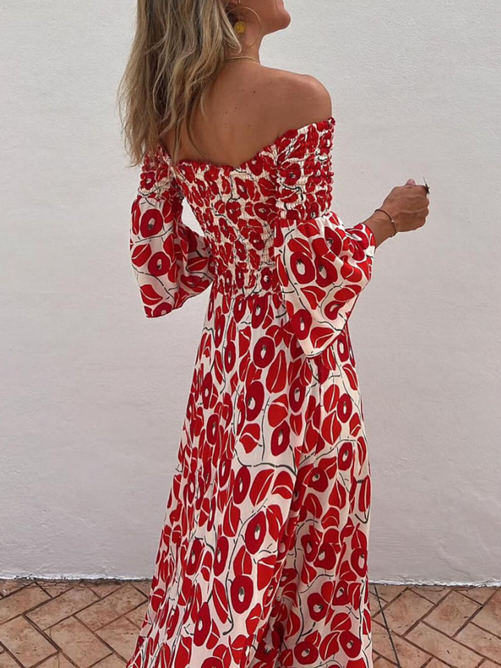 Floral εκτύπωση Smocked Off ώμου Pocketed Maxi φόρεμα