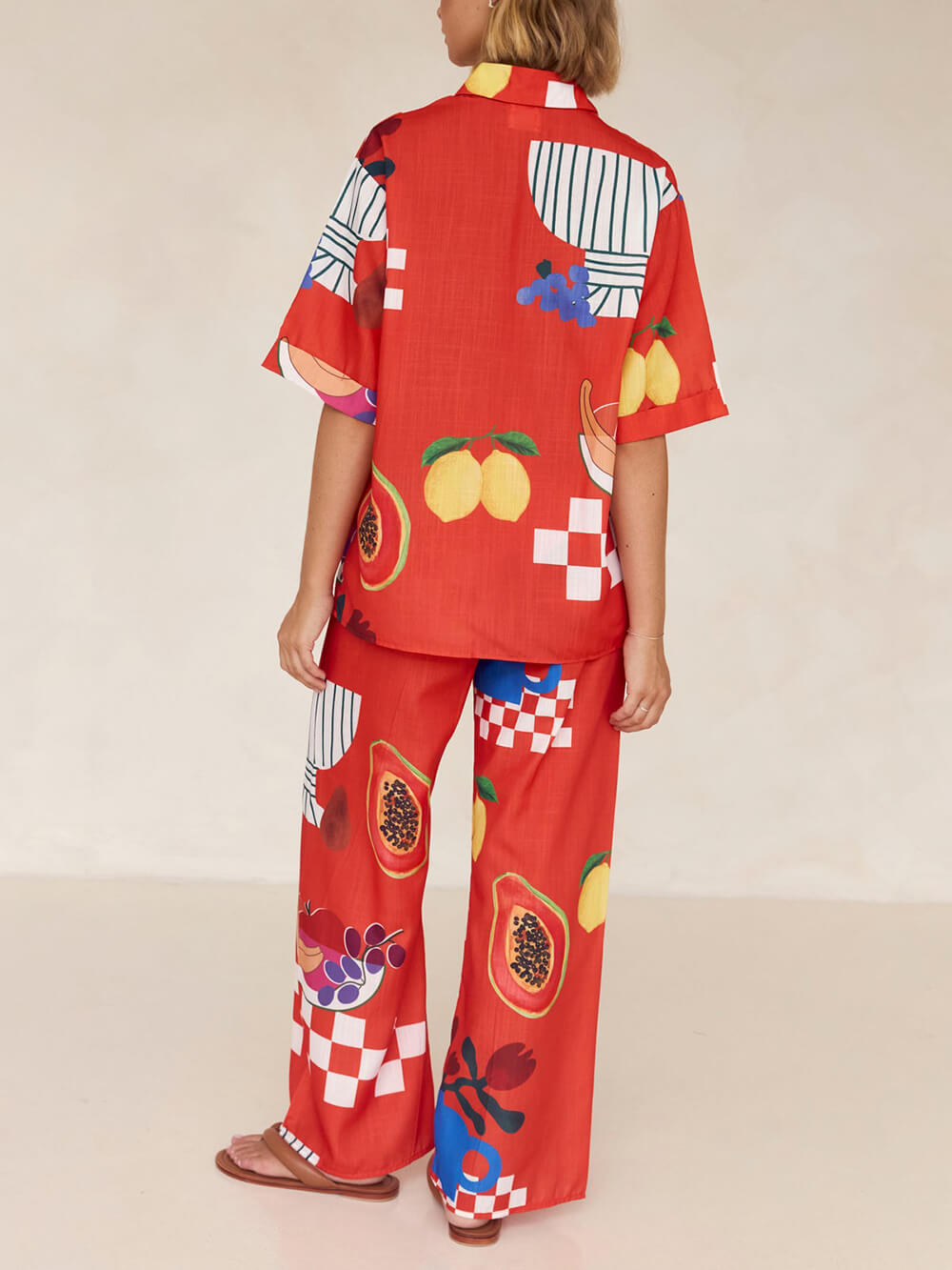 Unique Fruit Print Holiday Loose Shirt Wide Leg Pants Suit