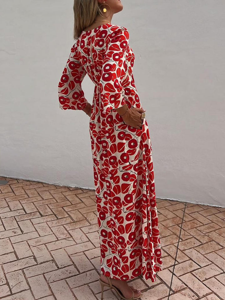 Vacanță Floral Print Smocked Off Shoulder Pocketed Maxi Dress